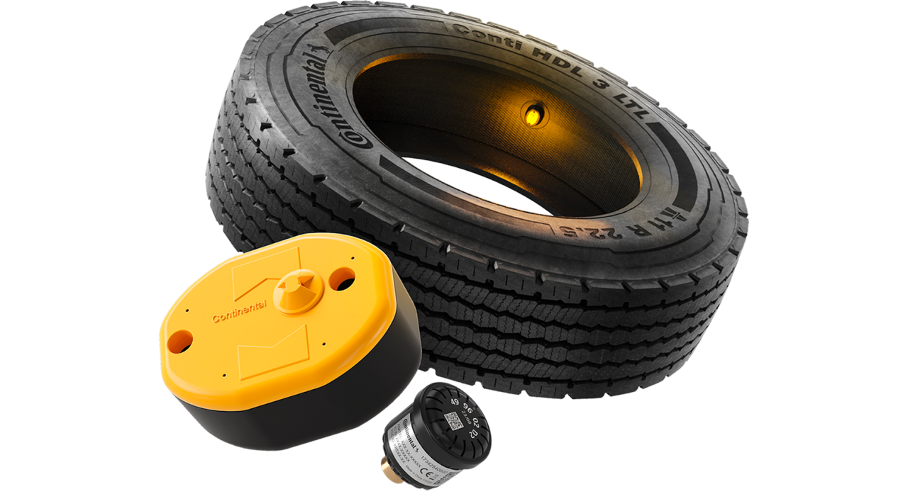 Intelligent Tire showing embedded sensor and valve cap sensor