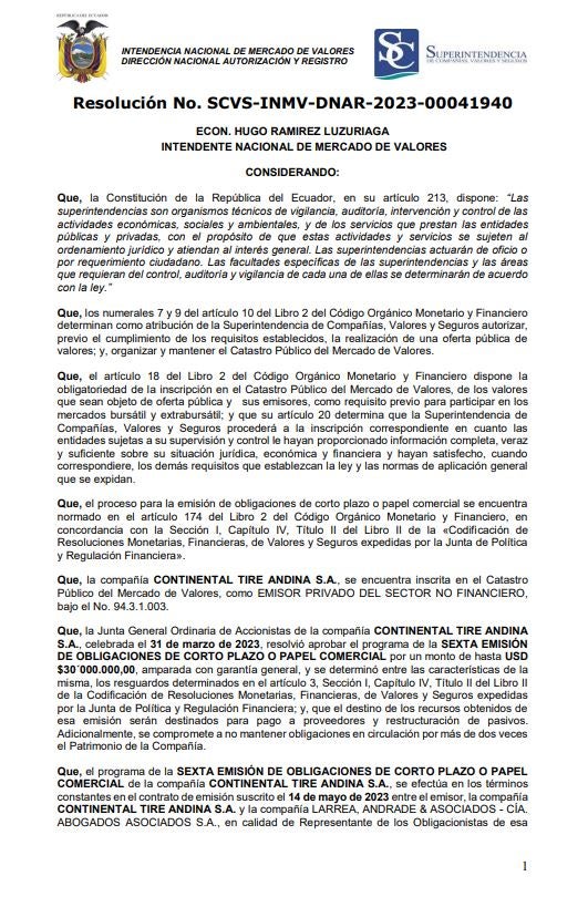 APROBACIÓN DEL SEXTO PROGRAMA DE EMISIÓN DE OBLIGACIONES DE CORTO PLAZO-PAPEL COMERCIAL DE LA COMPAÑÍA CONTINENTAL TIRE ANDINA S.A