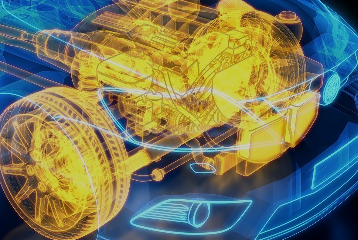 Blue and yellow picture which shows how the engine and the tires work together