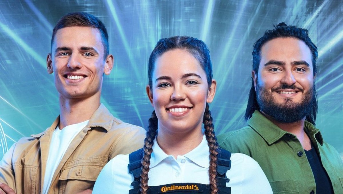 A young man in a beige jacket, a young woman in dungarees and a young woman in a green jacket stand in front of a dynamic background with icons on the theme of IT and software, business and technology.