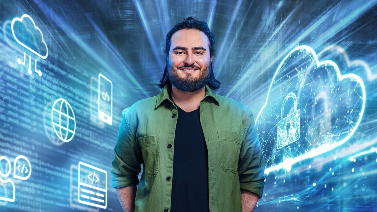 A smiling person stands in front of a digital background featuring glowing cloud computing icons.