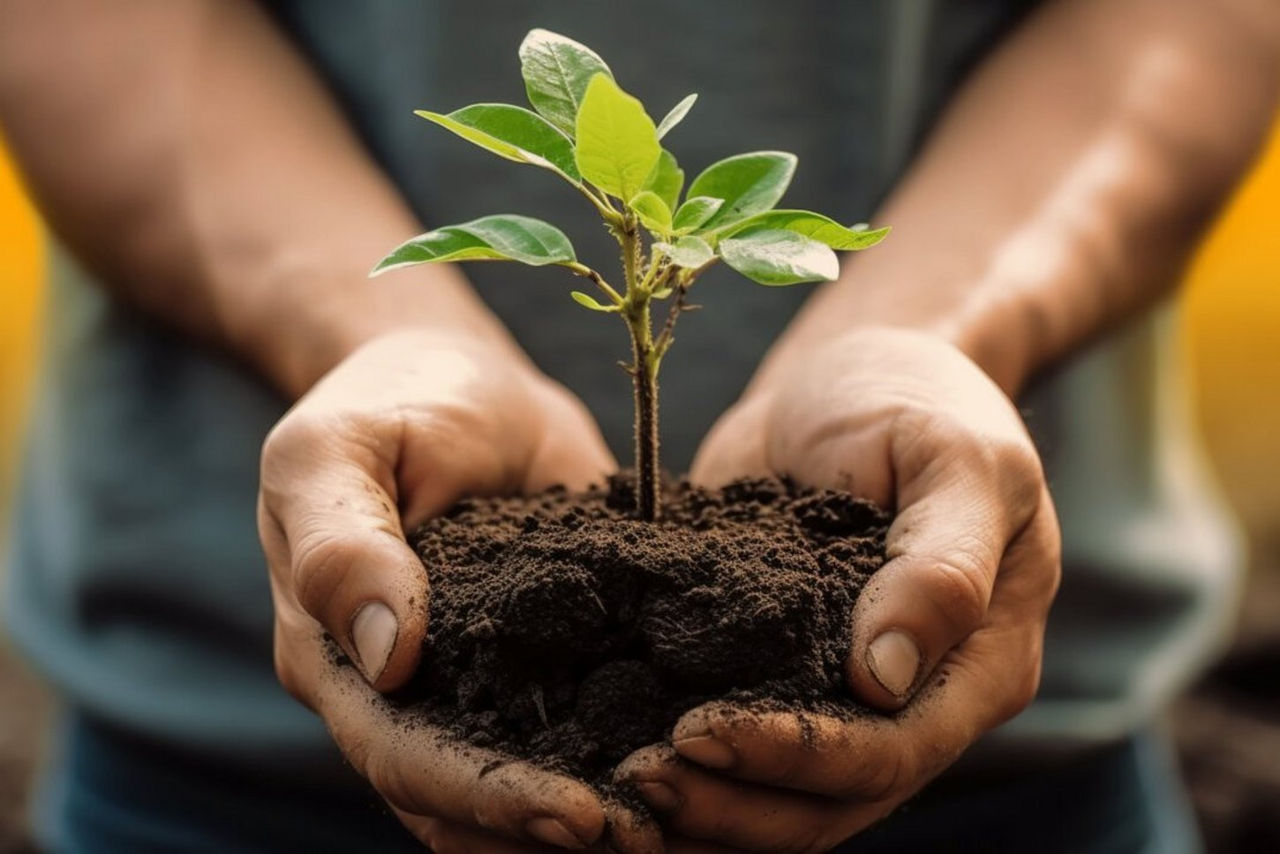 A person holds a small green plant with fresh leaves nestled in a handful of dark soil, symbolizing growth and care for the environment.