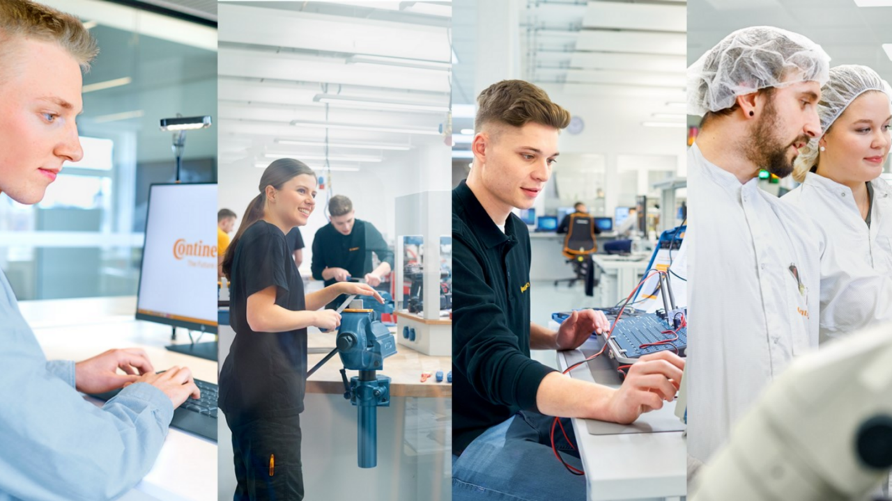A collage of four scenes showing young professionals working with technology: typing at a computer, operating machinery, assembling electronics, and collaborating in lab coats and hairnets in a lab setting.