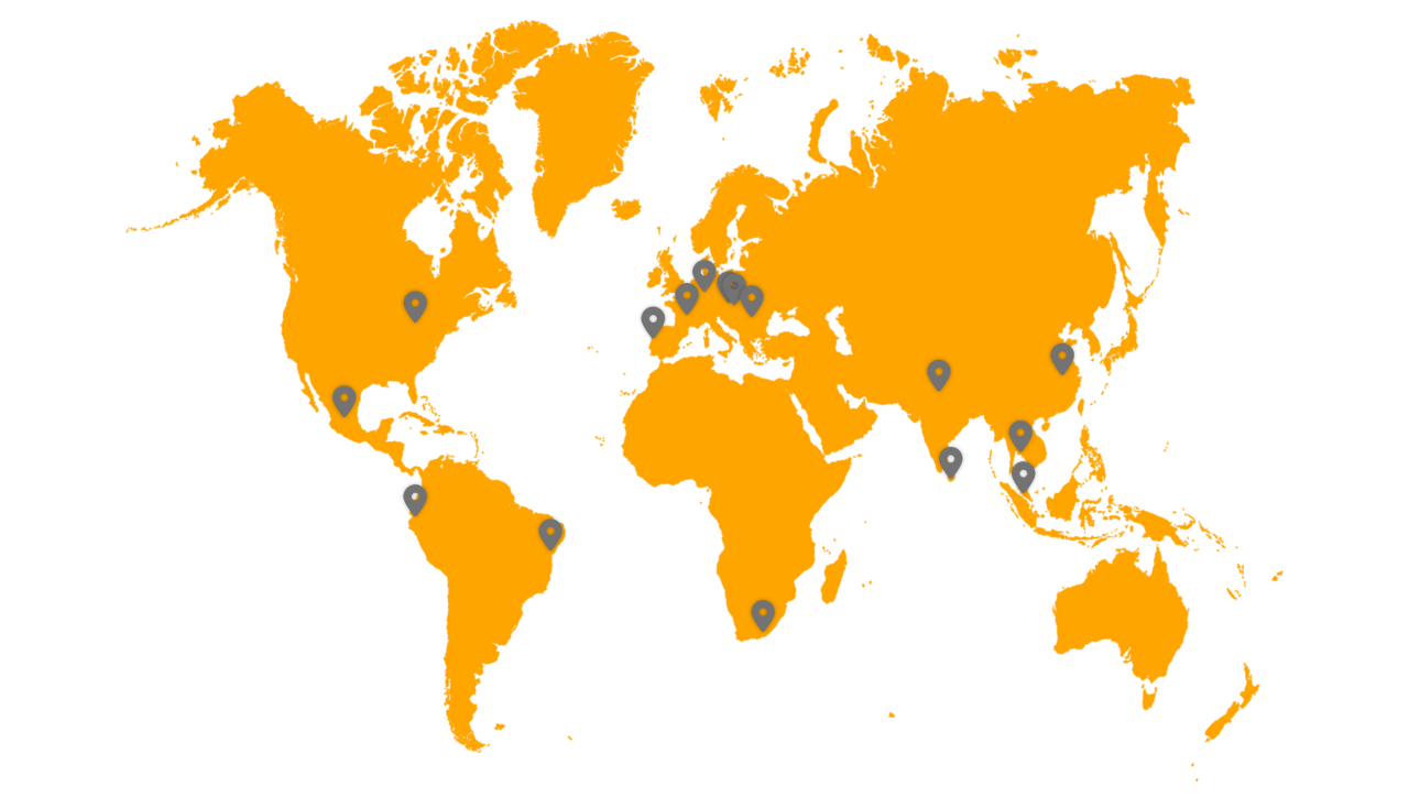 World map showing the Continental production sites around the world. Locations include Gqeberha (South Africa), Korbach (Germany), Lousado (Portugal), Otrokovice (Czech Republic), Puchov (Slovakia), Sarreguemines (France), Timisoara (Romania), Camacari (Brazil), Clinton (USA), Cuenca (Ecuador), Mount Vernon (USA), Plymouth (USA), San Luis Potosi (Mexico), Sumter (USA), Hefei (China), Kalutara (Sri Lanka), Modipuram (India), Petaling Jaya (Malaysia), Rayong (Thailand) 