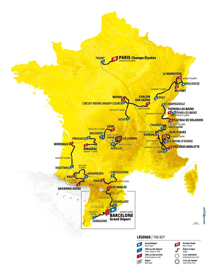 Map of France highlighting the 2026 Tour de France route across the country.