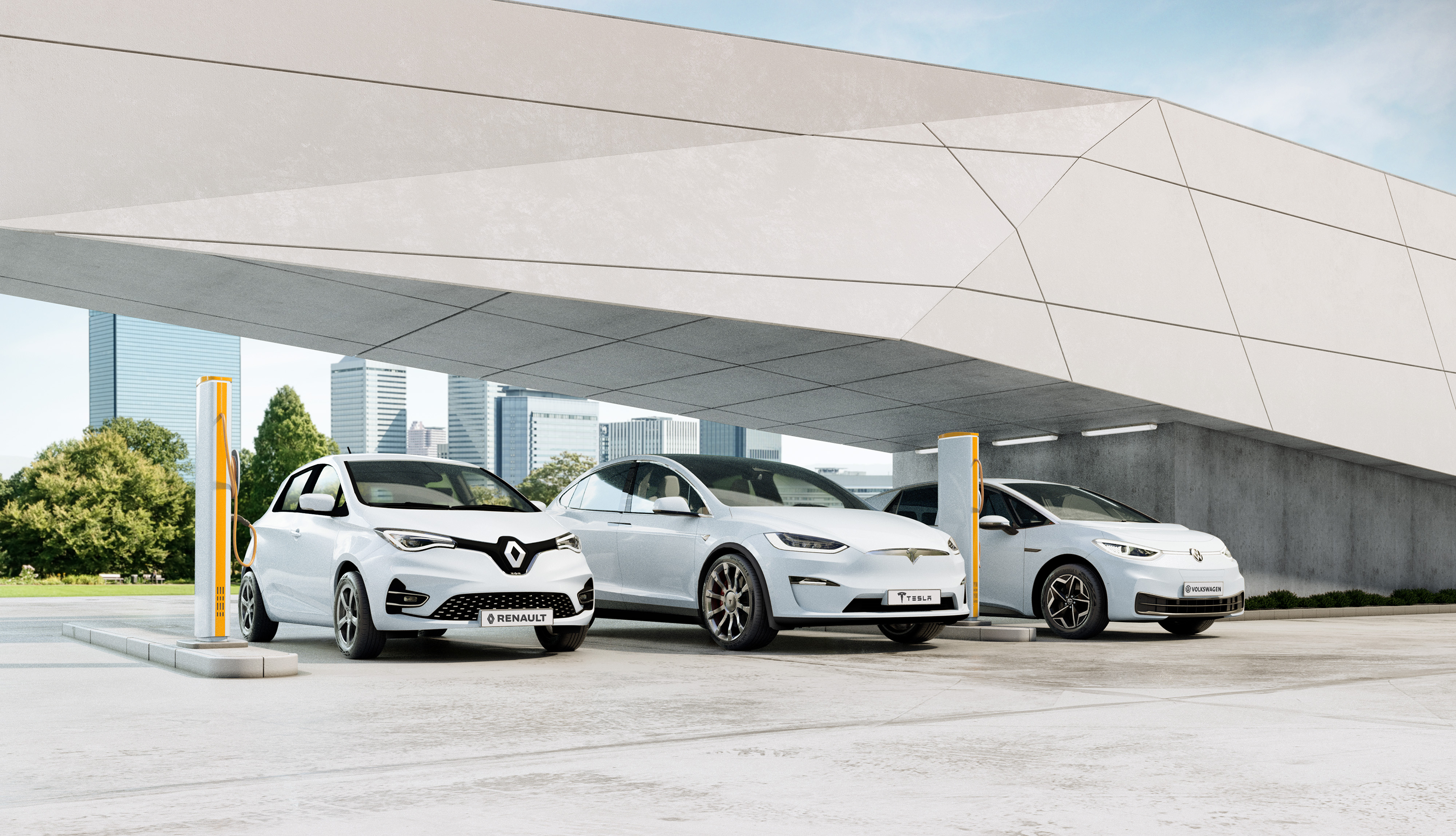 Group of electric cars during charging 