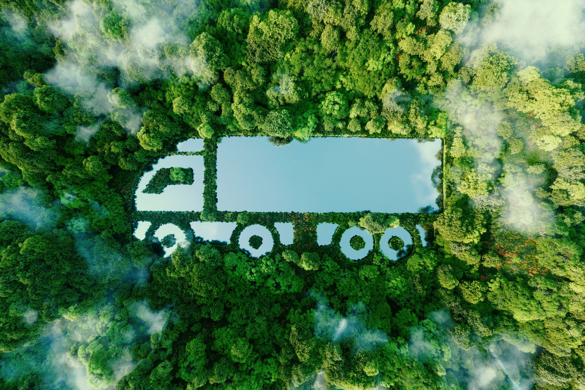 A truck-shaped lake in the midst of pristine nature, illustrating the concept of clean, greenhouse-free transport in the form of electric, hybrid or hydrogen propulsion. 3d rendering.; Shutterstock ID 2048555333; purchase_order: Continental; job: ITA Retainer; client: ; other: Italy