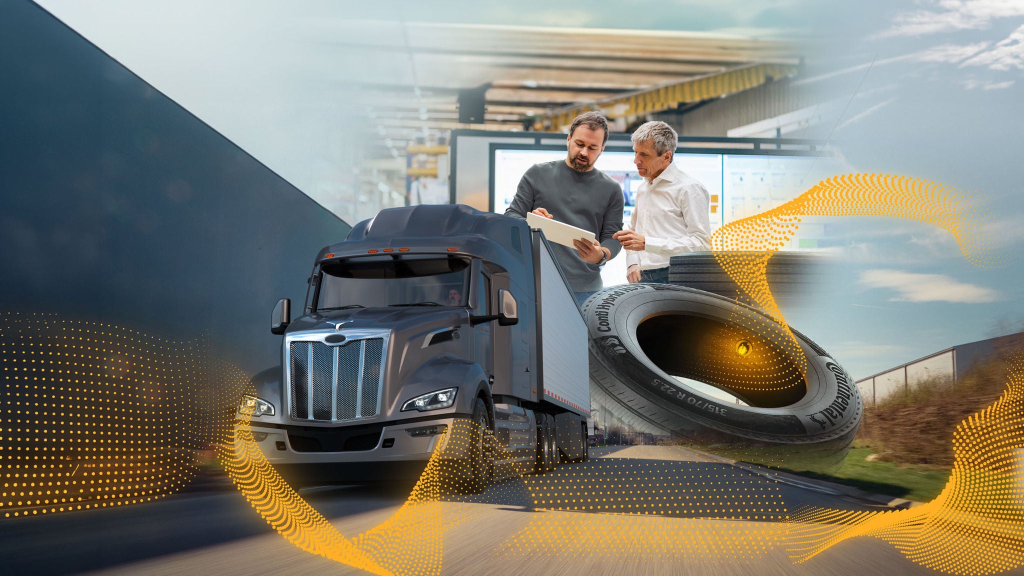 Two men review documents in a modern office with a large truck, tire, and abstract yellow patterns digitally layered, representing logistics, technology, and transportation.