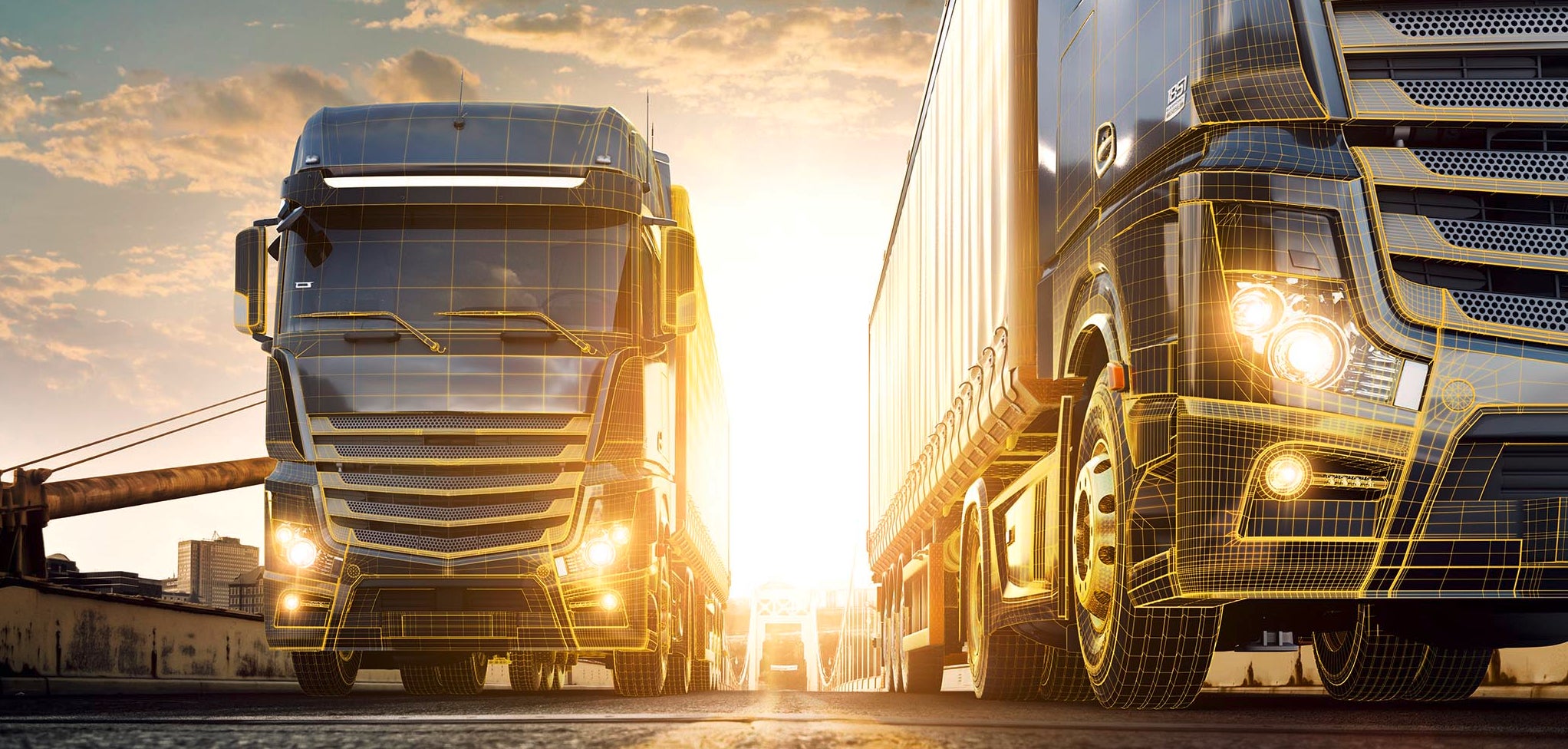 Two trucks deliver containers in a city