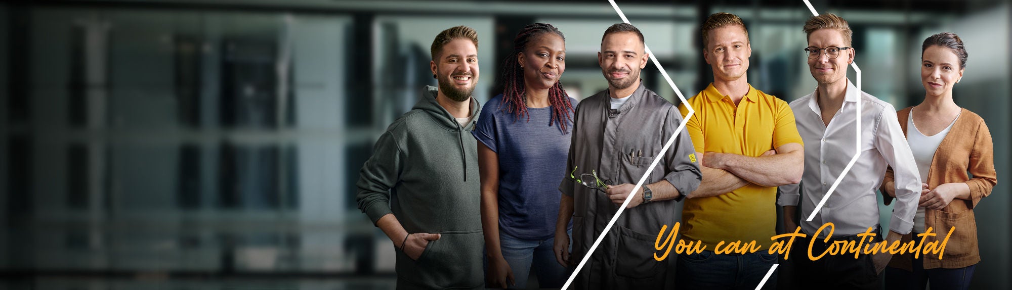 Six diverse people stand side by side, smiling, in casual and business attire. The background is a modern, blurred office. Text in the foreground reads, “You can at Continental.”.