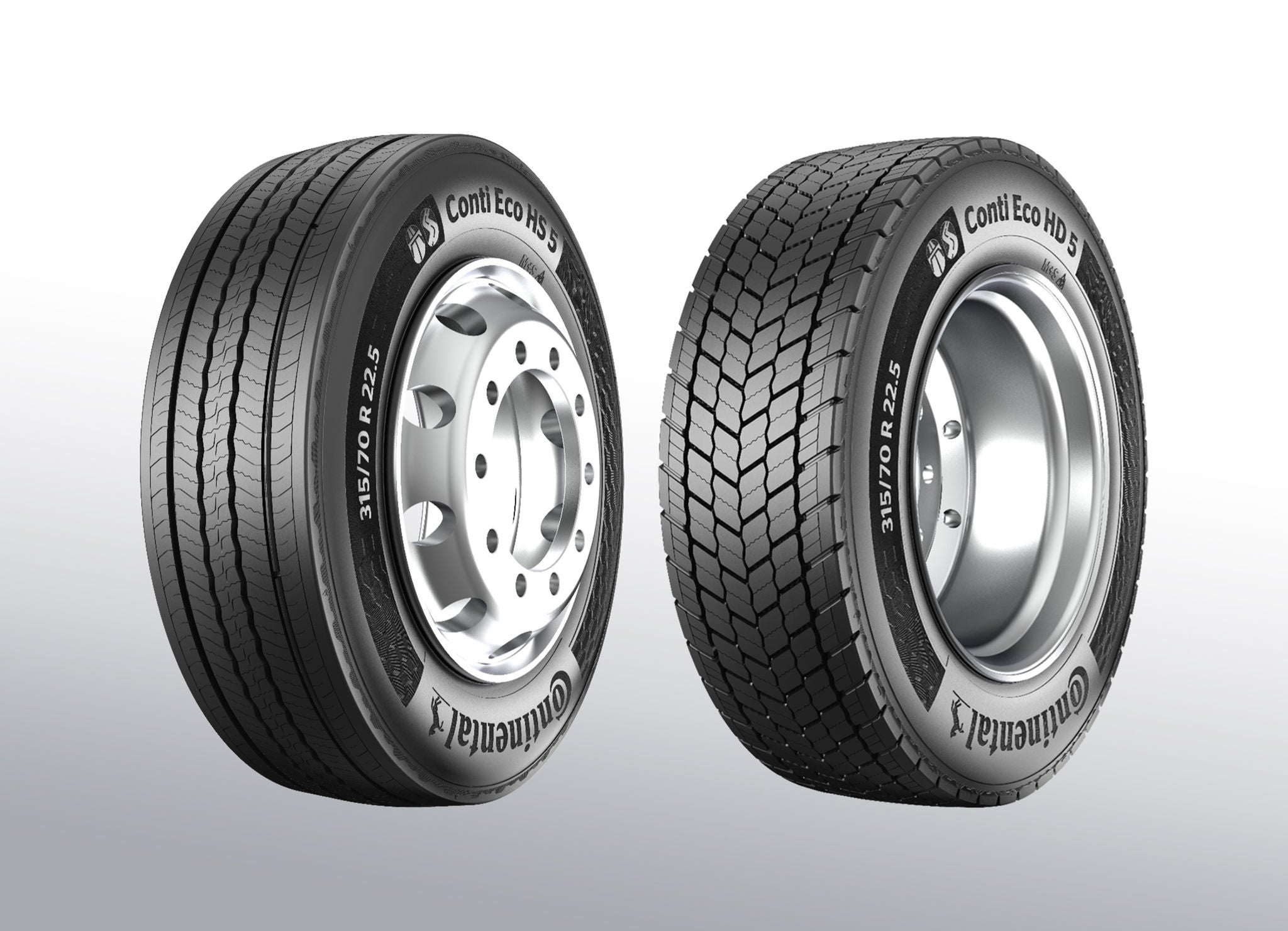 New additions to the Generation 5 tire range: The Conti Eco HS 5 for the tractor unit’s steer axle and the Conti Eco HD 5 for the drive axle.