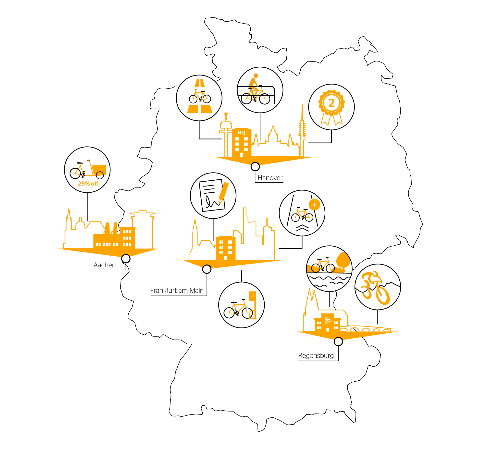 A map of Germany showing continental offices in bike-friendly cities