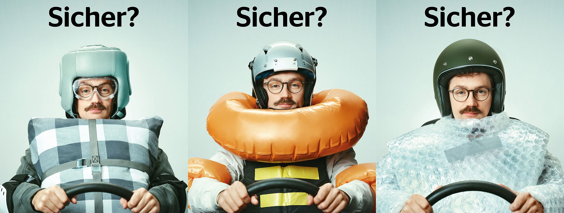Mann mit verschiedenen umgebundenen Sicherheitsmassnahmen (Kissen, Luftpolsterfolie, Schwimmring) hinter dem Autosteuer. Überschrift: Sicher?