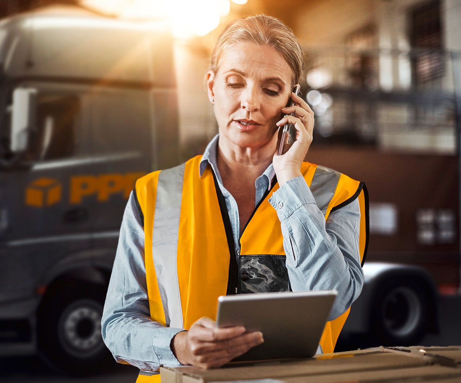 Shot of a mature woman using a mobile phone and digital tablet while working in a warehouse