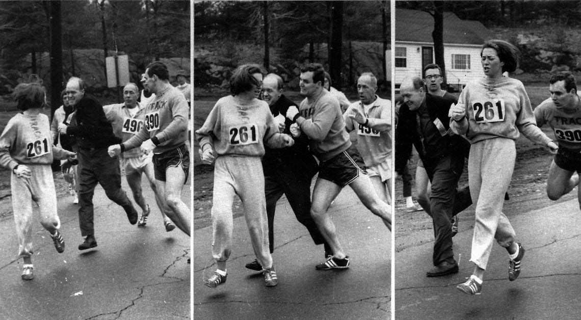 1967년 보스턴 마라톤에서 조크 셈플이 캐스린 스위처를 쫓고 있는 모습을 담은 유명한 장면