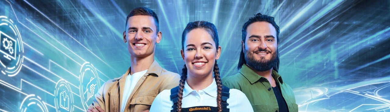 Three young adults stand confidently against a blue, background. The group includes two men and one woman, all smiling and facing forward.