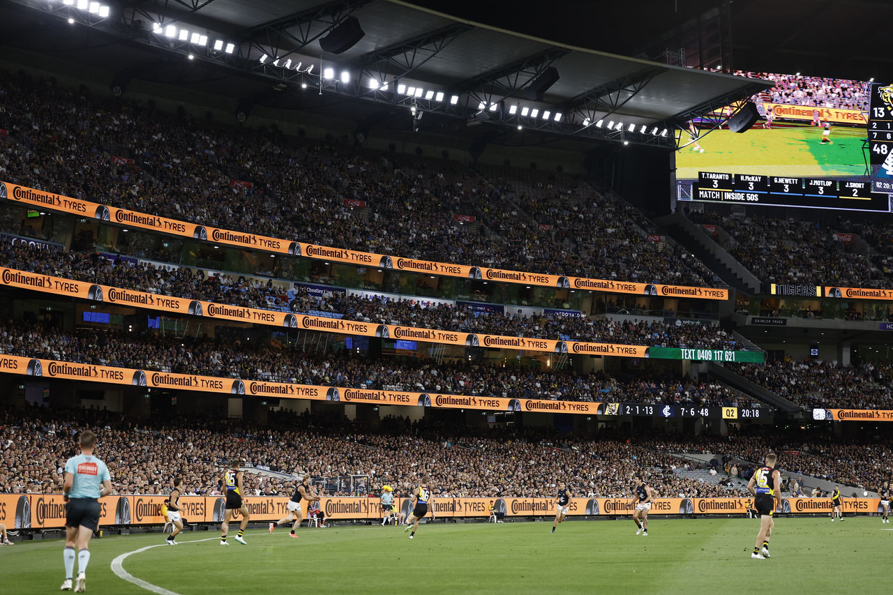 MELBOURNE, AUSTRALIA - MARCH 13: during the 2025 AFL Round 01 match between the Richmond Tigers and the Carlton Blues at the Melbourne Cricket Ground on March 13, 2025 in Melbourne, Australia. (Photo by Michael Willson/AFL Photos)