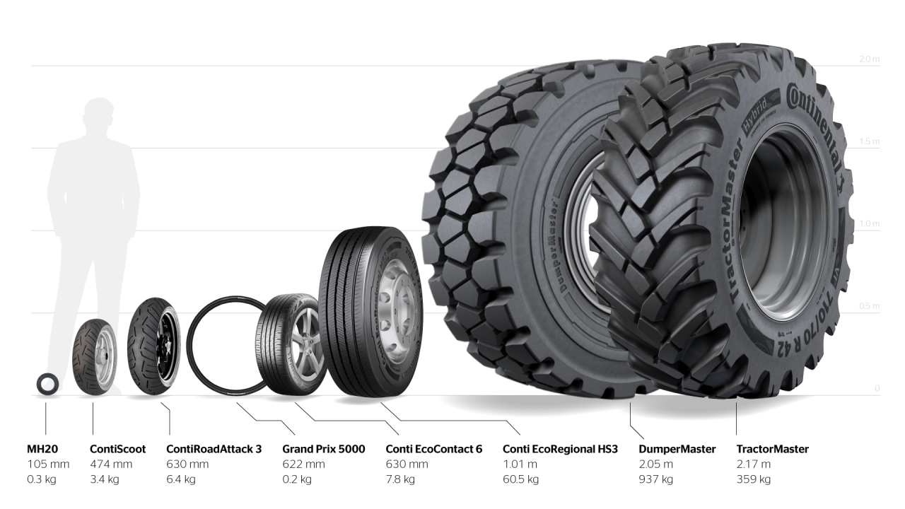 Tires in different shapes and sizes froam small to big.