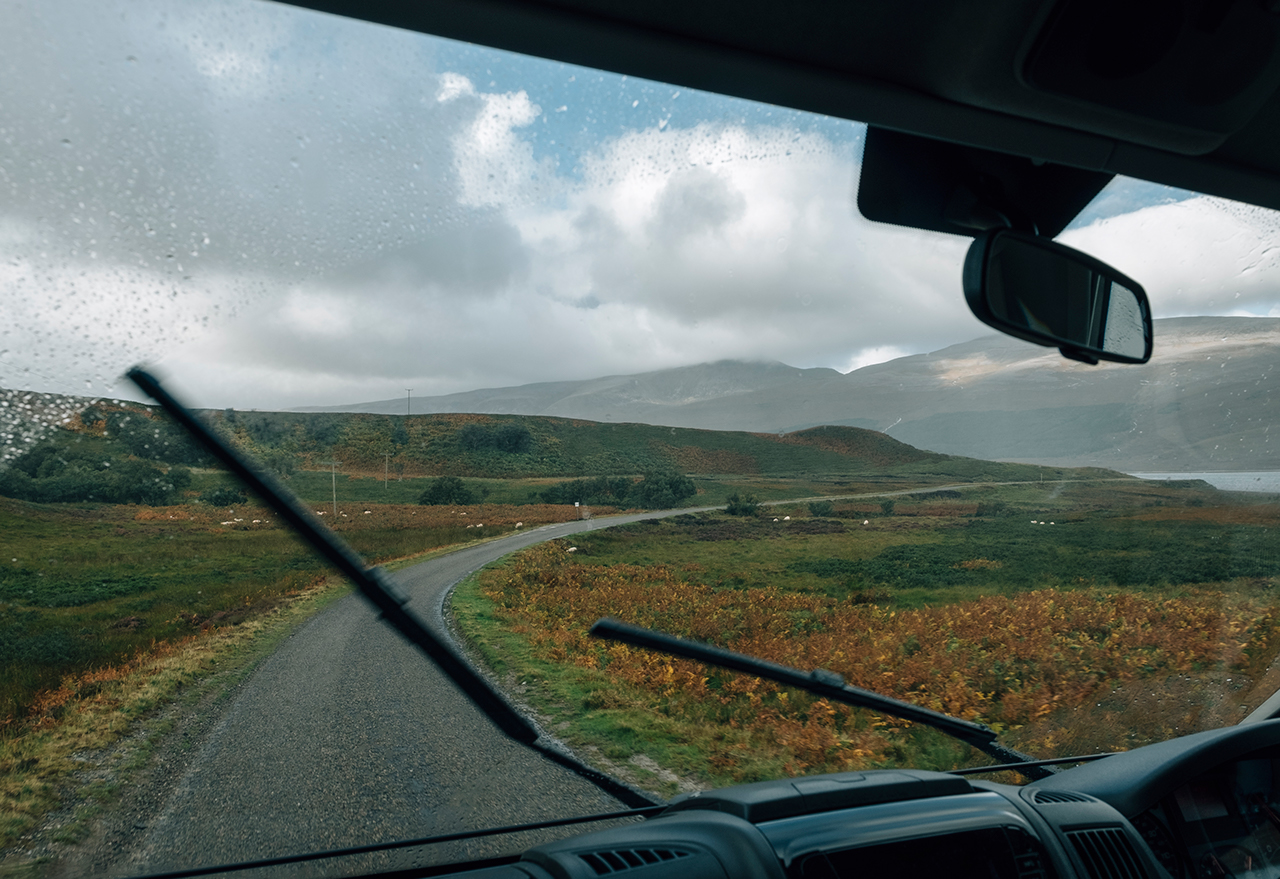 Driving in a motorhome around the North Coast of Scotland. Loch Eriboll, Highlands, UK.