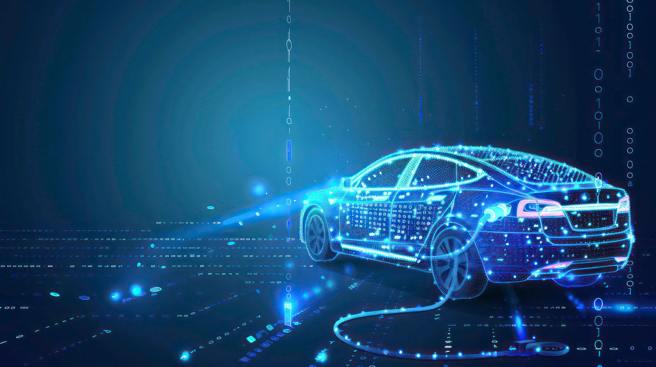 Future EV car electric plug and battery charger blue abstract digital binary code background. Alternative and sustainable energy concept. New futuristic system technology symbol. Voiture Smart