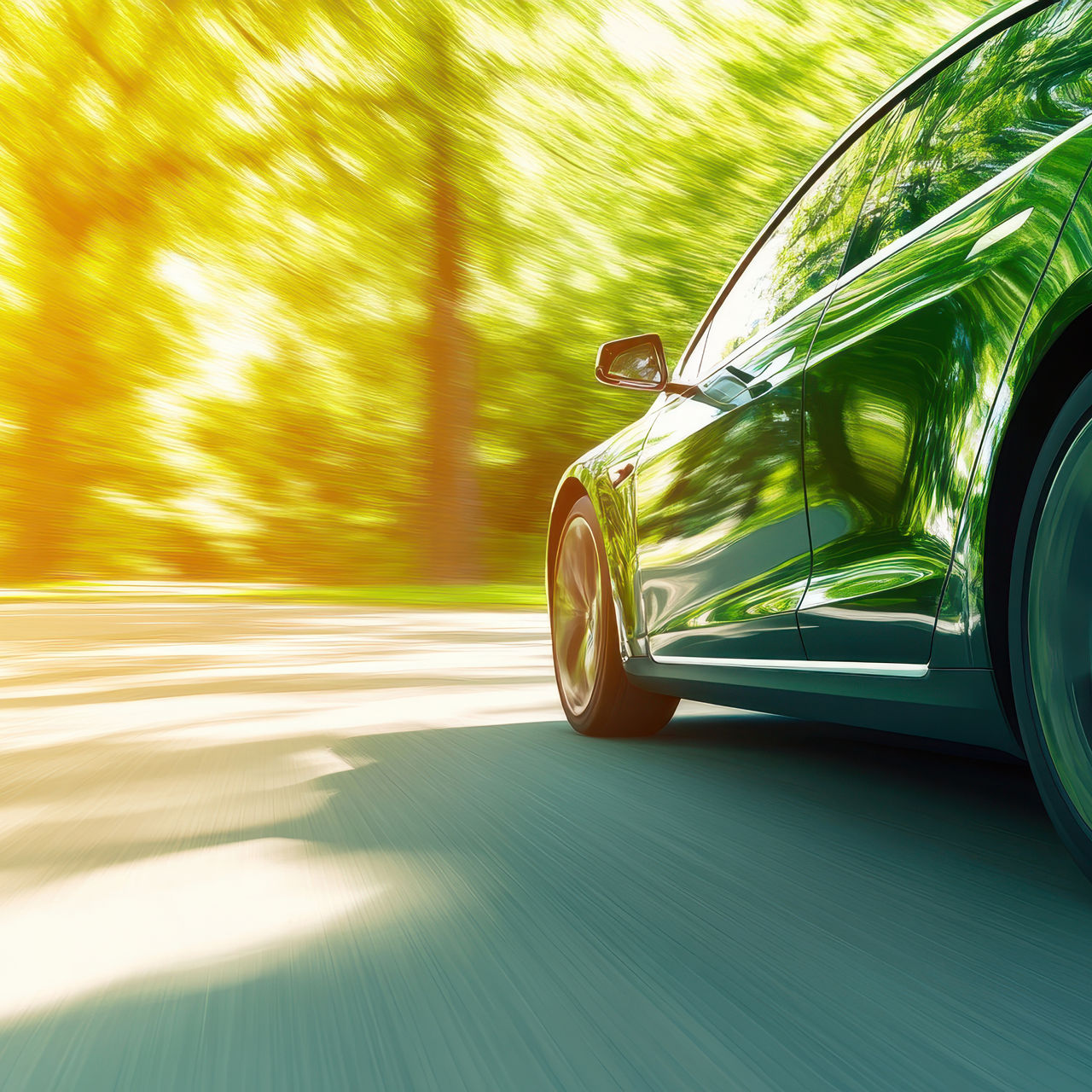 Green power for electric car with copy space Low angle side view of fast moving vehicle Voiture électrique sur la route