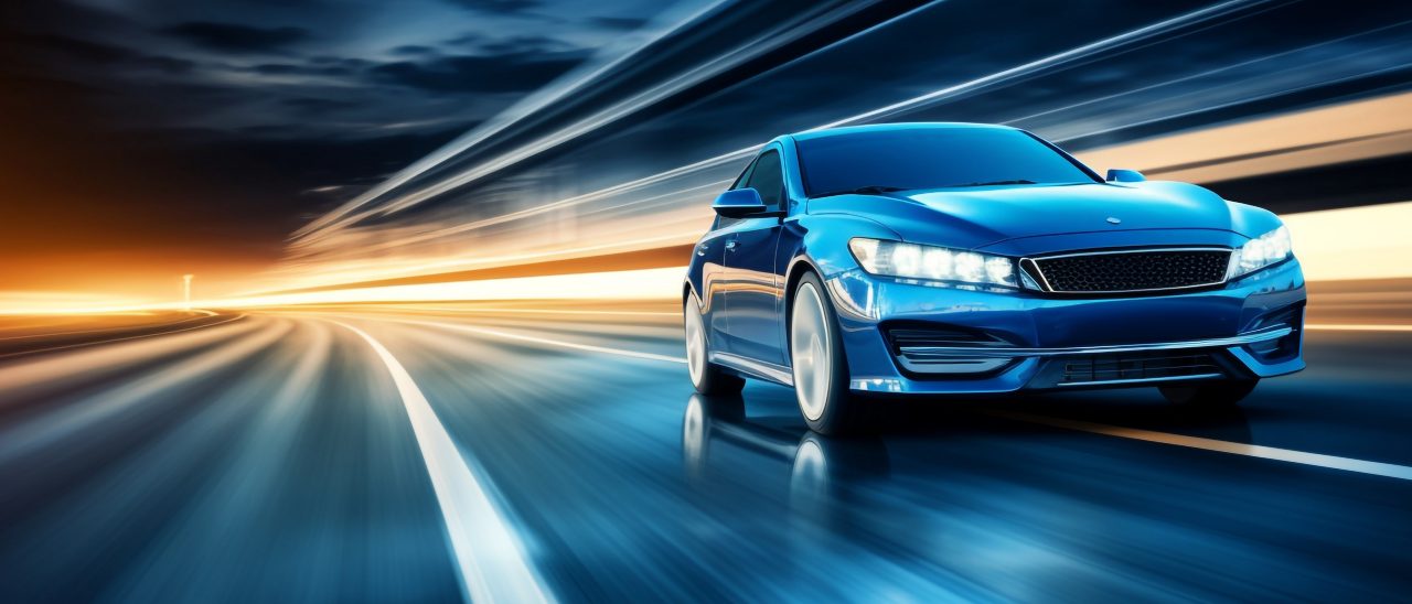 blue car at high speed along the highway obscures the speed of movement, 3d rendering. AI generative Une voiture qui roule trop vite