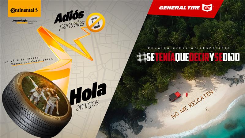 (Imagen publicitaria de Continental Tire Colombia e General Tire Ecuador con mensajes de incentivo de Continental y General Tire sobre la vida al aire libre y experiencias sin distracciones.)