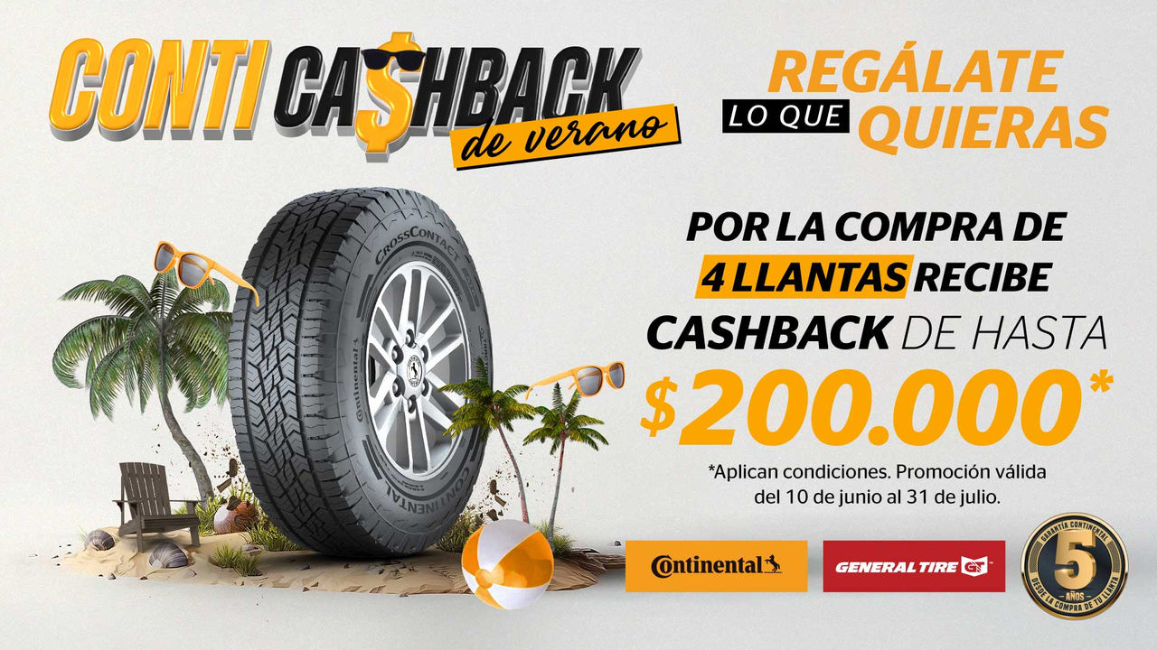 (Promoción Continental y General Tire Colombia: recibe cashback de hasta $200.000 COP por la compra de 4 llantas entre el 10 de junio y el 31 de julio de 2025. Imagen con llanta Continental CrossContact, palmeras, silla playera y pelota de playa, representando la campaña "Conti Cashback de Verano".)