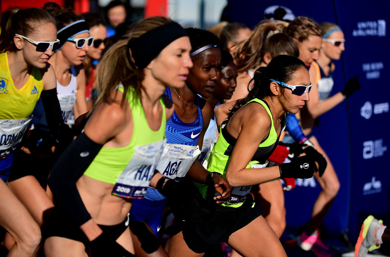 NEW YORK, NEW YORK - NOVEMBER 03: Desiree Linden of the the United States and athletes in the Women's Professional Division take off at the start of the TCS New York City Marathon on November 03, 2019 in New York City. (Photo by Emilee Chinn/Getty Images)
