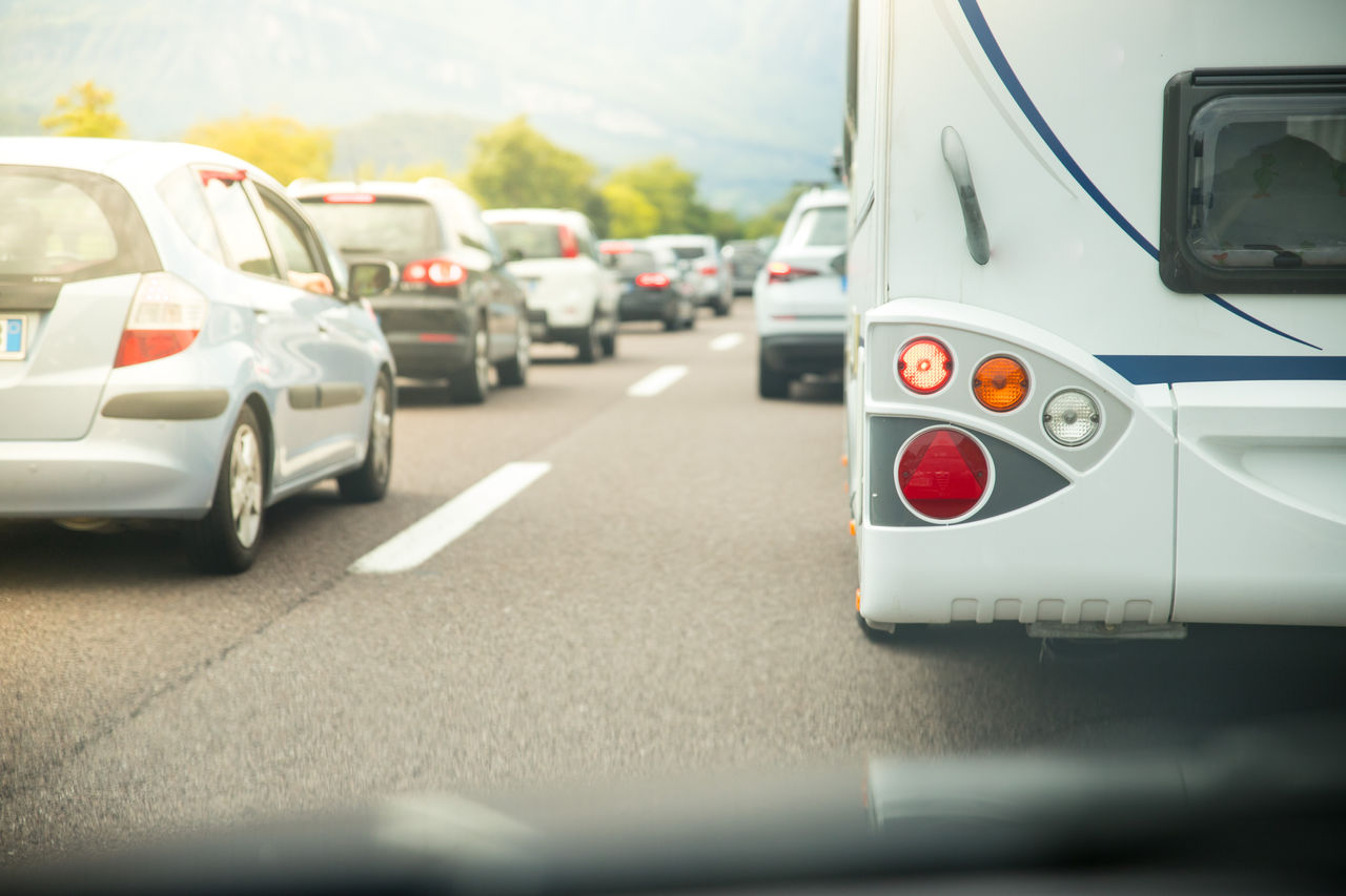 Traffic jam on the highway, holiday traffic 