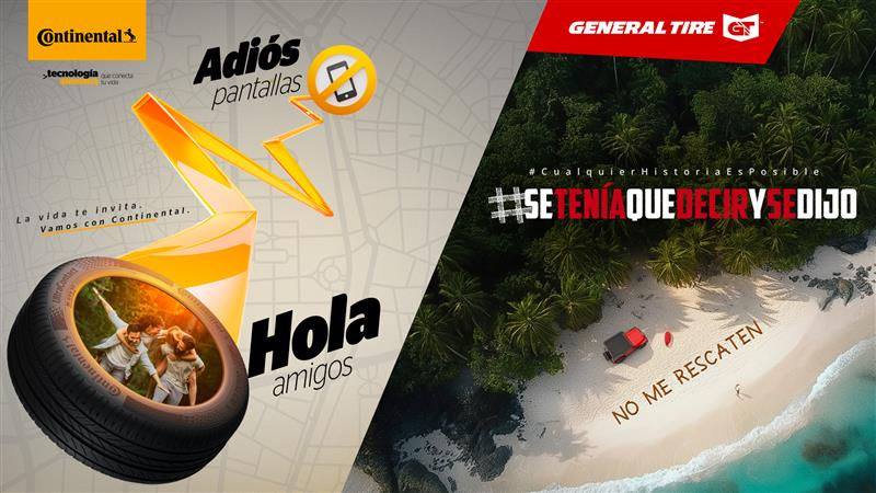 (Imagen publicitaria de Continental Tire Ecuador e General Tire Ecuador con mensajes de incentivo de Continental y General Tire sobre la vida al aire libre y experiencias sin distracciones.)