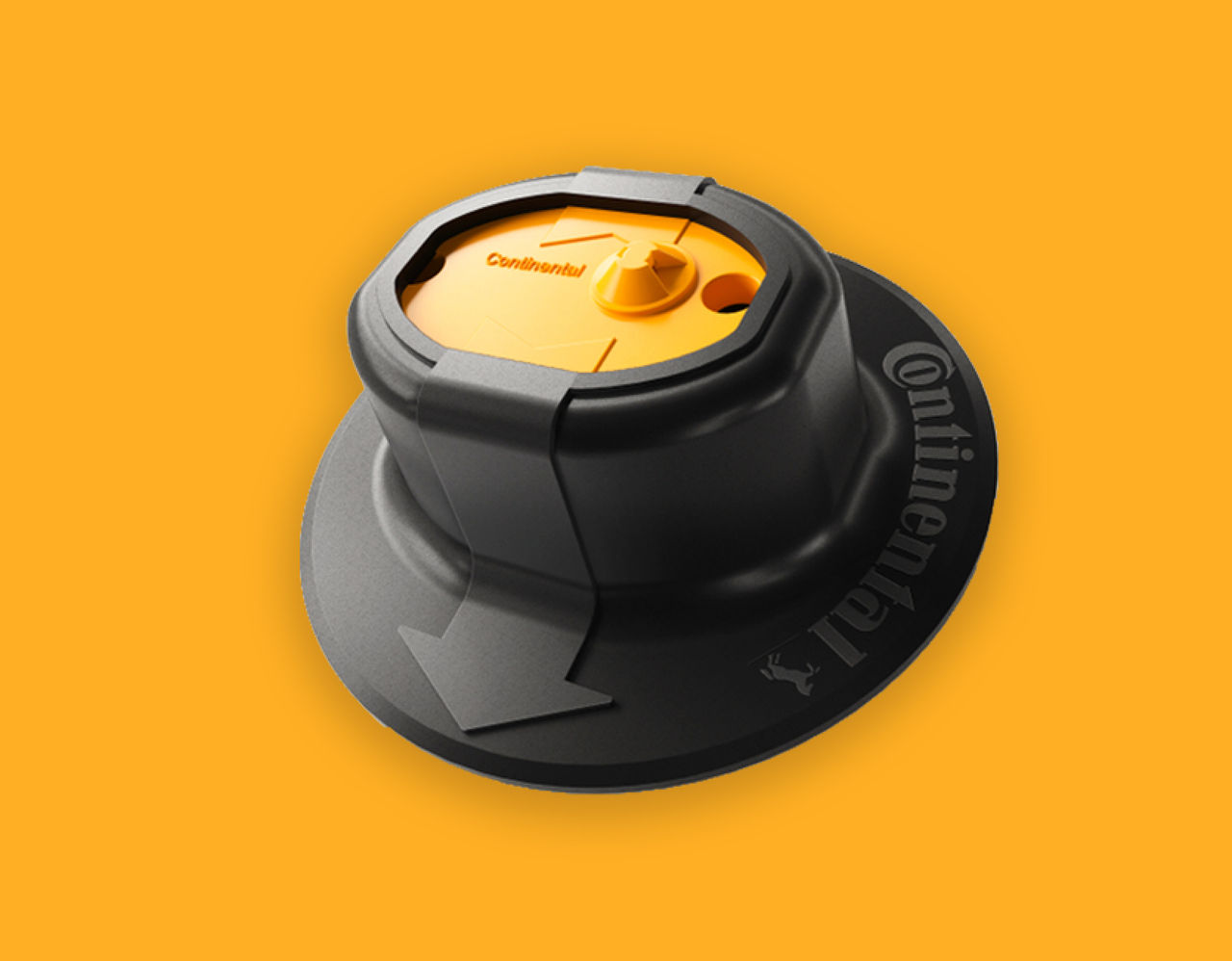 A In-tire sensor with a circular base and a large arrow on the side, set against an orange background. 
