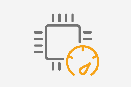 A simple illustration of a microchip and a speedometer, suggesting fast or high-performance processing. The microchip is outlined in gray, and the speedometer is outlined in orange.