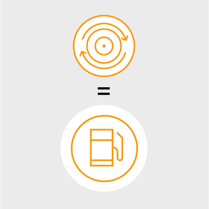 Illustration of tire with spiral arrows and a fuel station.