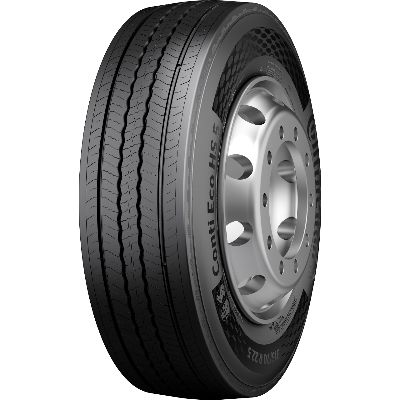 A black Continental truck tire with detailed tread pattern, labeled "Conti Eco HS5"  on the sidewall, is displayed on a plain, transparent background.