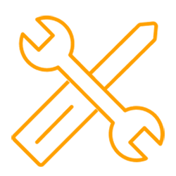 Orange outline icon of a crossed wrench and screwdriver, symbolizing tools or repair, on a transparent background.
