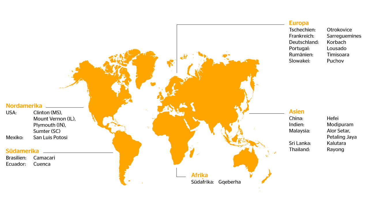 Weltkarte mit den Produktionsstandorten von Continental Tires