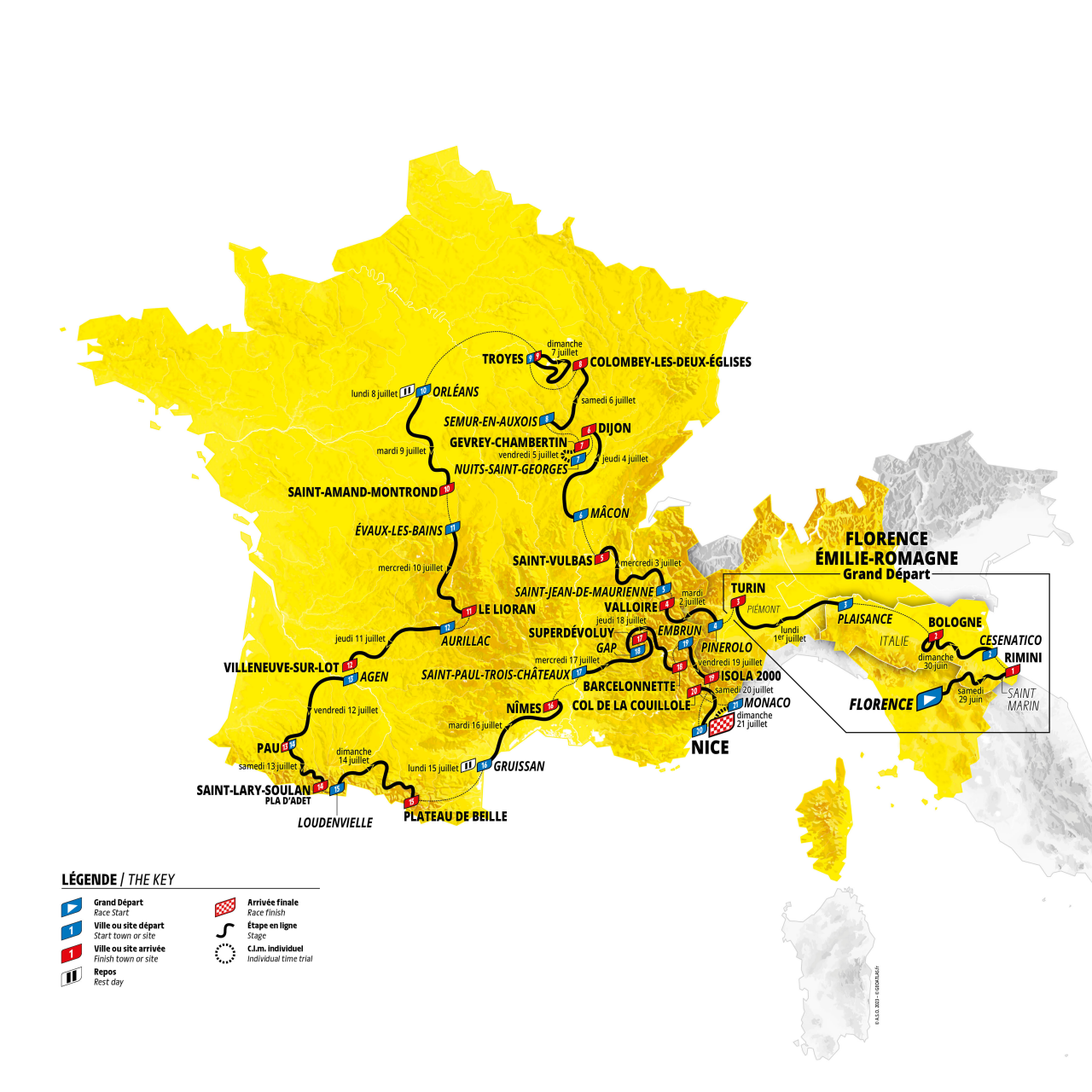 This map shows the route of the 2022 edition of the Tour de France