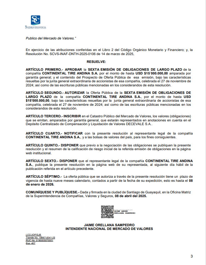 APROBACIÓN SEXTA EMISIÓN DE OBLIGACIONES DE LARGO PLAZO POR EL MONTO DE USD 15.000.000 (para la resolución No. 00020666)
