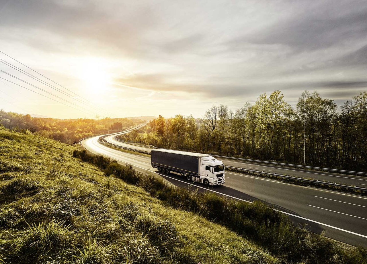 (Camión blanco en una carretera sinuosa, rodeado de vegetación, bajo un cielo nublado al atardecer.)