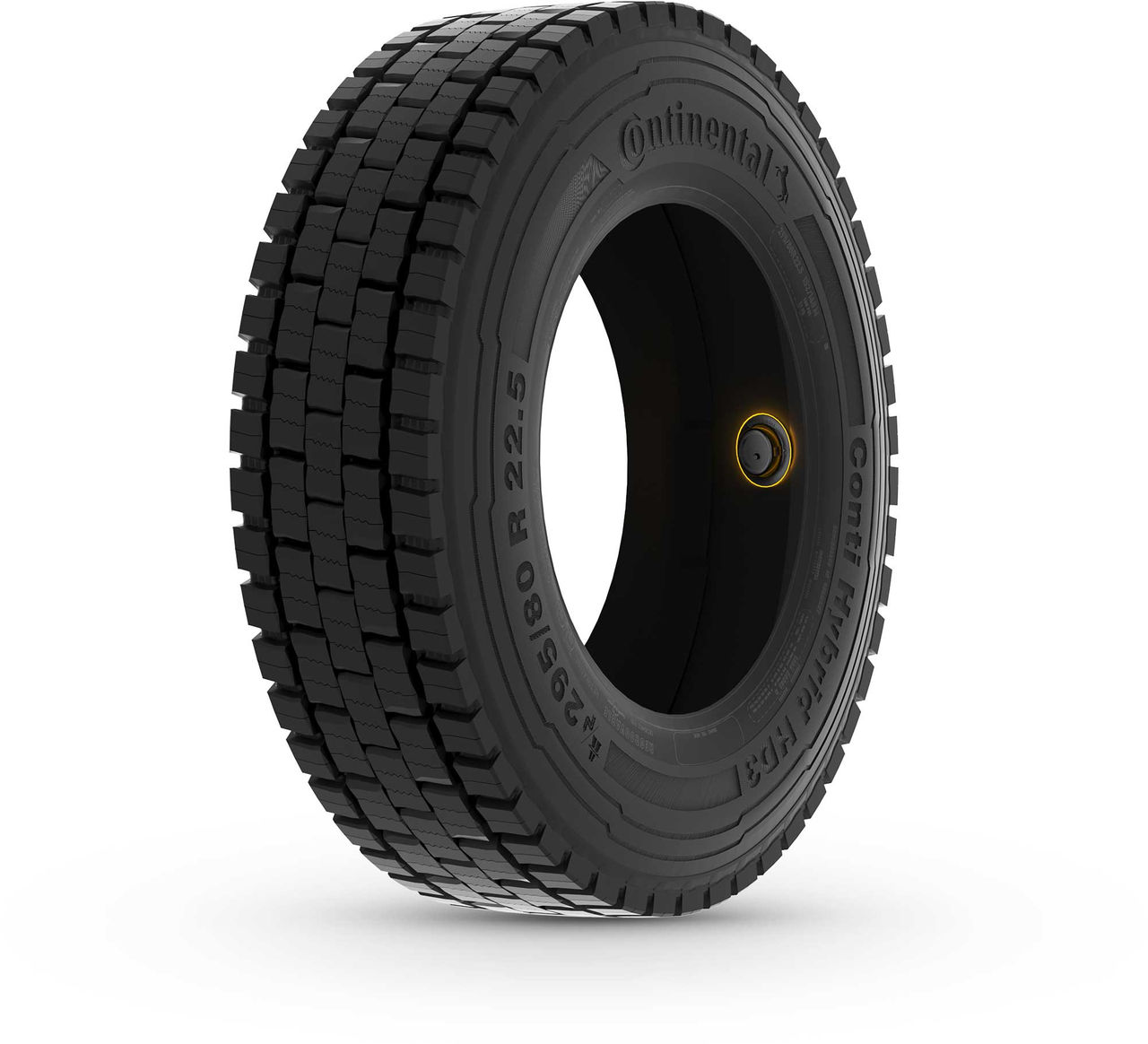 (Llanta de la marca Continental, modelo Conti Hybrid, tamaño 205/80 R 22.5, con sensor de llanta inteligente instalado en su interior, destacando su diseño robusto y adherente.)