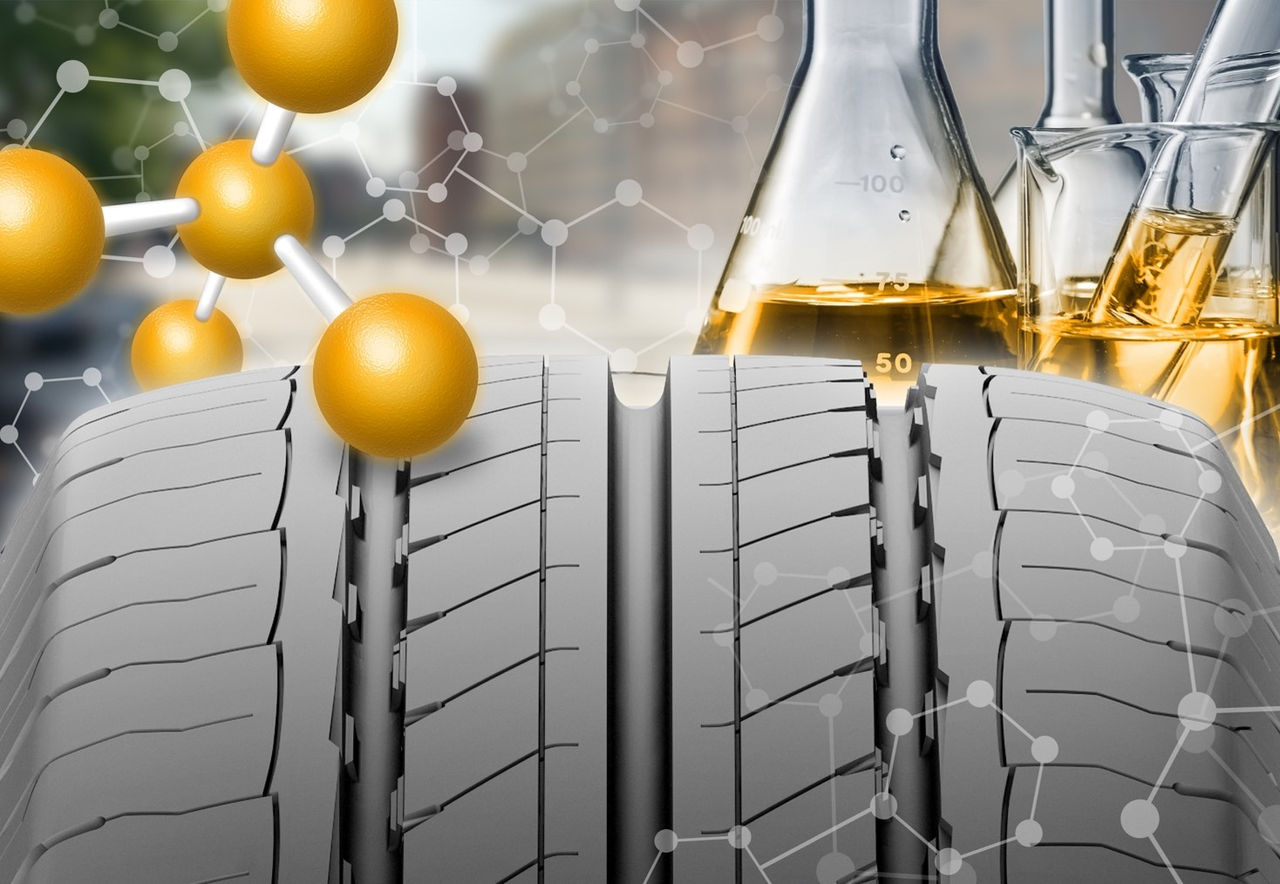 (Arte de la llanta con elementos químicos, que representa la última generación de compuestos para llantas de furgonetas)