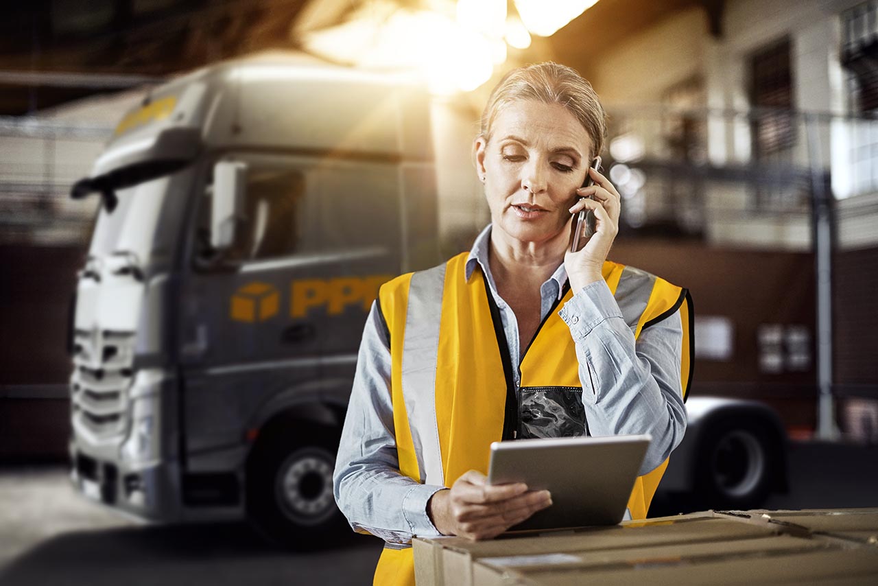Fleet manager using a mobile phone and digital tablet while working in a warehouse.