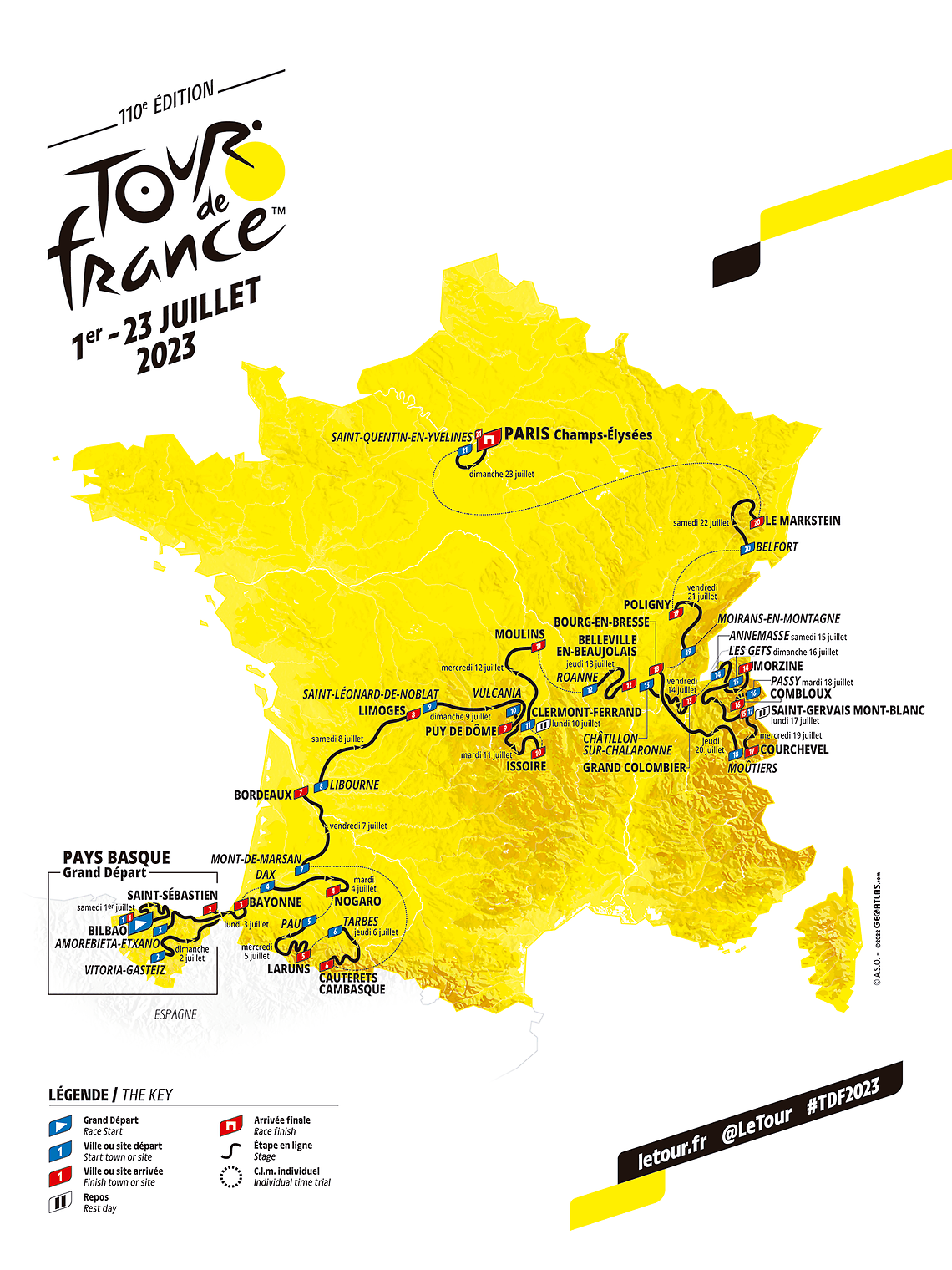 This map shows the route of the 2022 edition of the Tour de France