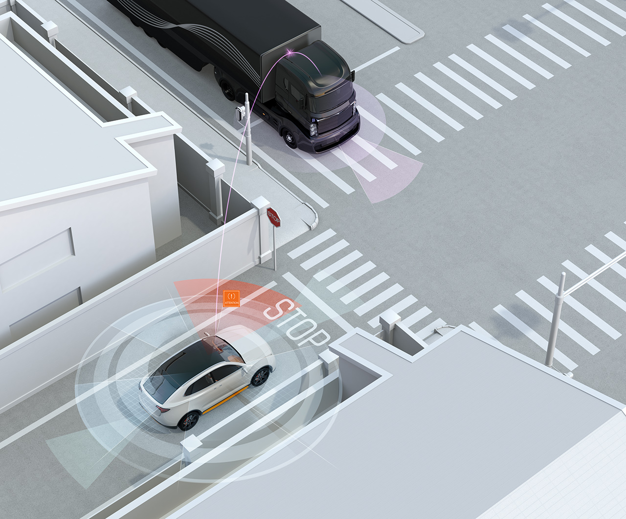 White SUV in one-way street detected vehicle in the blind spot. Connected car concept. 3D rendering image.