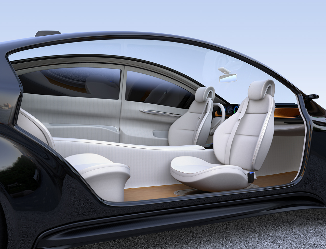 Autonomous car interior concept. Front seats turned around and passengers can relaxing or working when they driving. 3D rendering image.