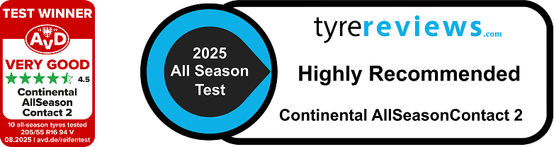 AllSeasonContact 2が、複数の自動車専門誌や自動車クラブによるさまざまなタイヤ性能テストで高い評価を獲得したことを示す受賞バッジの一覧。