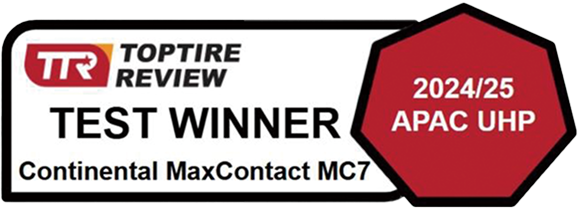 MaxContact MC7が、自動車専門誌・クラブのタイヤテストで最高評価を獲得したことを示す受賞バッジの一覧。