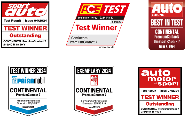 PremiumContact 7 が、「sport auto」「ACE」「Auto Zeitung」「Auto Bild」など複数の自動車専門誌・クラブのタイヤテストで最高評価を獲得したことを示す受賞バッジの一覧。