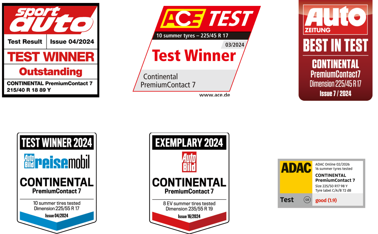 PremiumContact 7 が、「ADAC」「Sport auto」「ACE」「Auto Zeitung」など複数の自動車専門誌・クラブのタイヤテストで最高評価を獲得したことを示す受賞バッジの一覧。